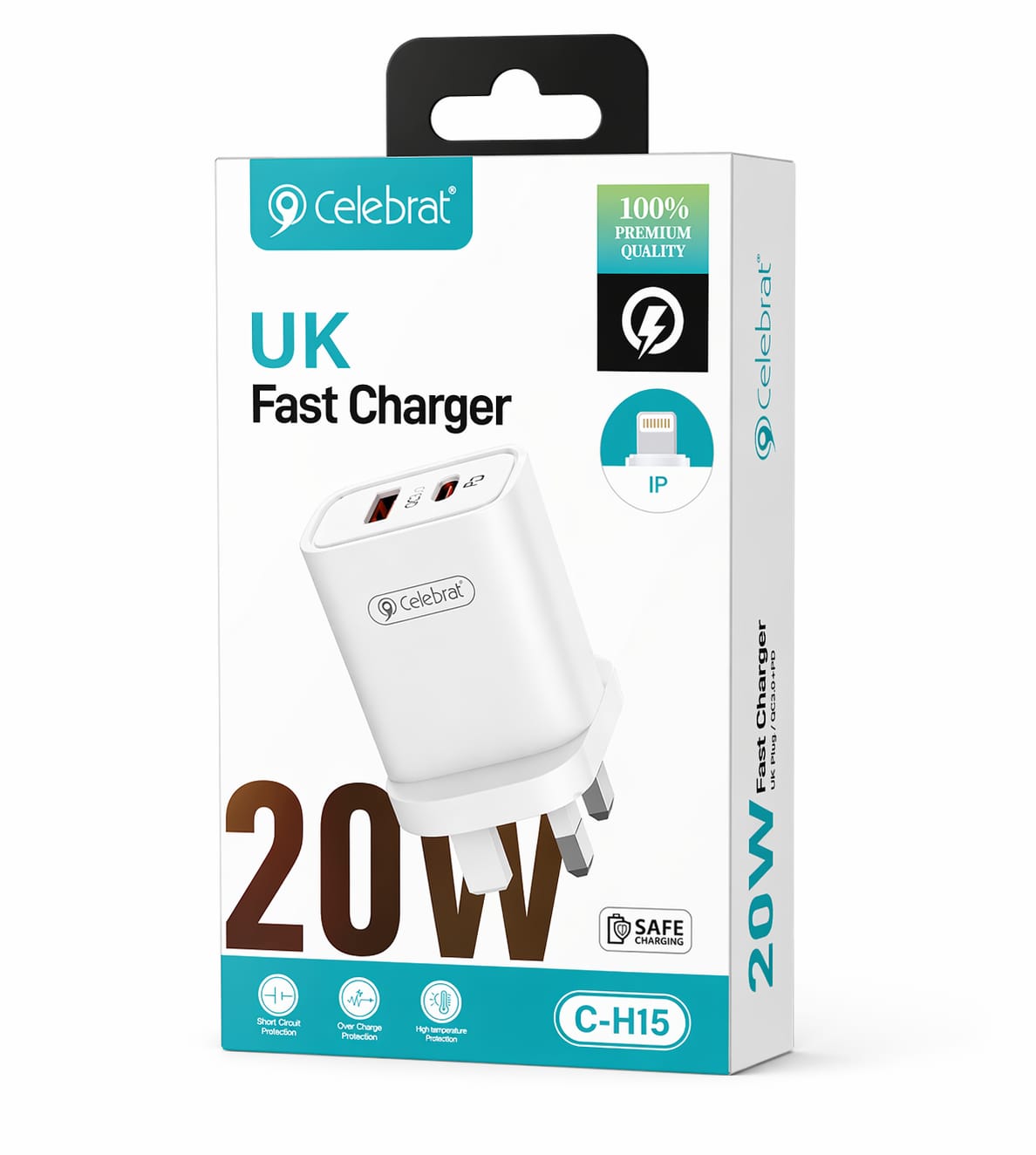 celebrate-ch15-charger-front-view.jpg Celebrate CH-15 Fast Charger with iP Cable - Image 1