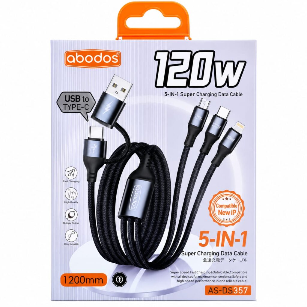ABODOS AS-DS357 120W Super Charging 5-in-1 Data Cable 1.2M with USB-A, Type-C, Lightning & Micro USB Connectors | GadgetCity.lk